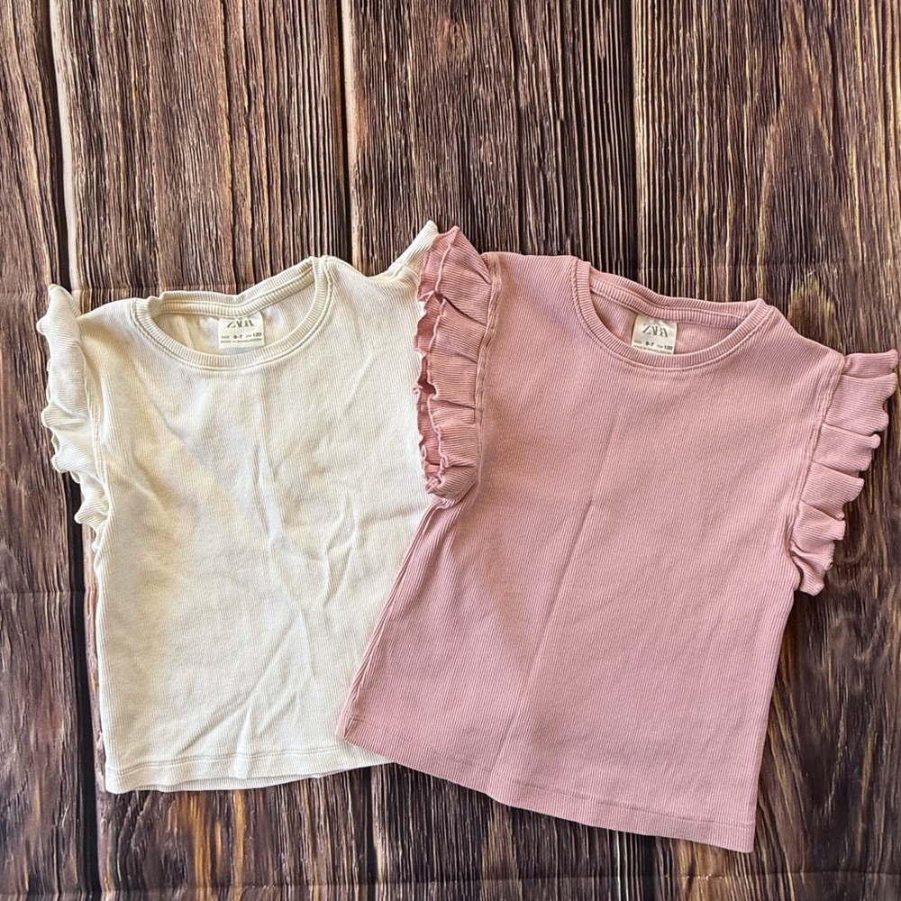 Kids Ruffle Sleeve Tops - Cream & Pink